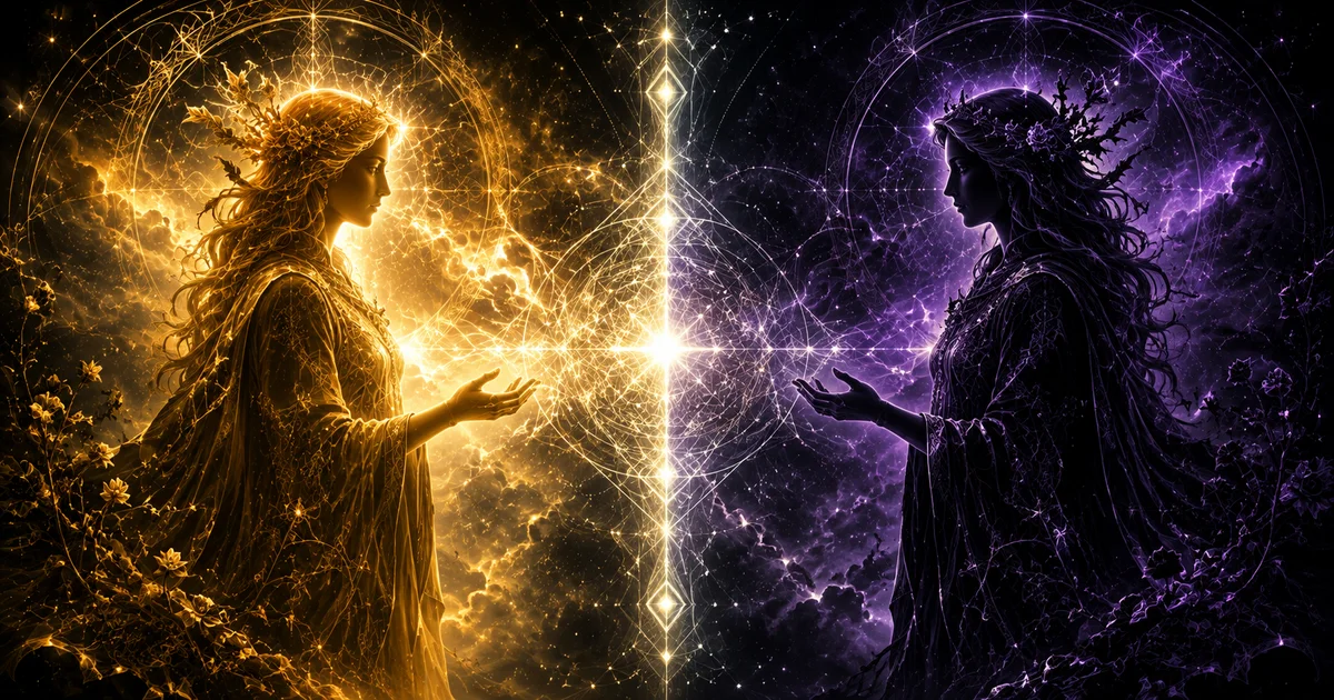 Two mirrored tarot arcana silhouettes, positive golden polarity and negative shadow polarity connected by a central axis of balance