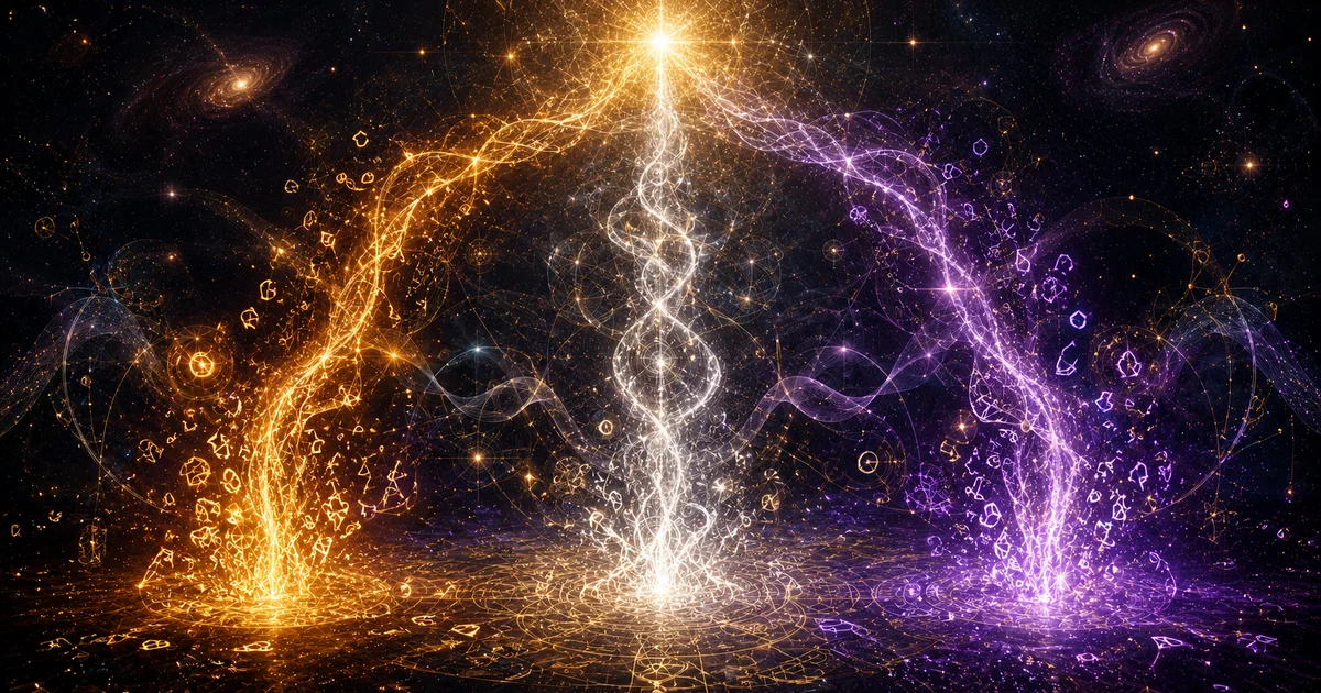 Golden letters flowing upward and transforming into three streams of sacred light frequencies. Expression, Soul, and First Vowel vibrations