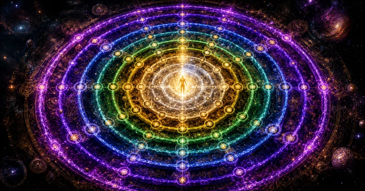 Nine concentric rings of cosmic light representing the 9 personal year cycles, with a luminous figure standing at the center point