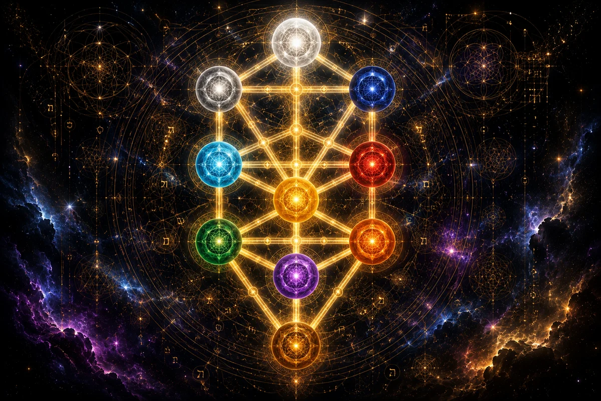 Detailed map of the 10 Sefirot of the Tree of Life with their positions, colors, and connecting paths